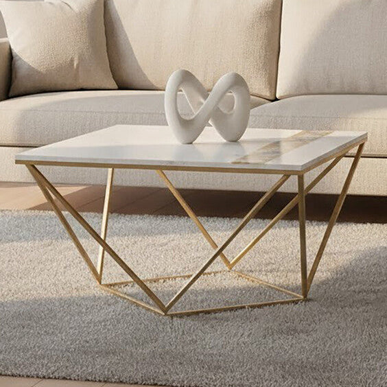 White Marble Top Square Coffee Table with Semi Precious Agate Stone Inlay | Vizzini