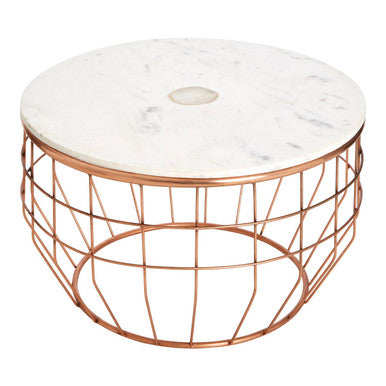White Marble Top Coffee Table with Agate Inset and Copper Iron Wireframe Base | Vizzini