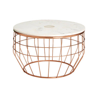 White Marble Top Coffee Table with Agate Inset and Copper Iron Wireframe Base | Vizzini