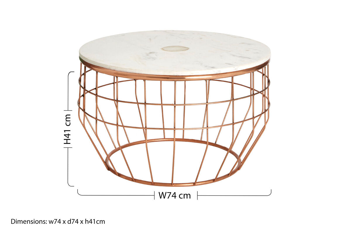 White Marble Top Coffee Table with Agate Inset and Copper Iron Wireframe Base | Vizzini