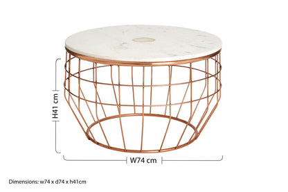 White Marble Top Coffee Table with Agate Inset and Copper Iron Wireframe Base | Vizzini