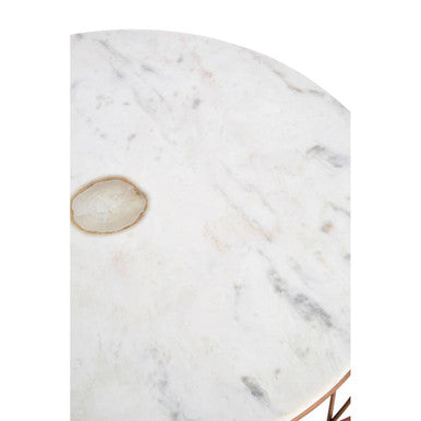 White Marble Top Coffee Table with Agate Inset and Copper Iron Wireframe Base | Vizzini