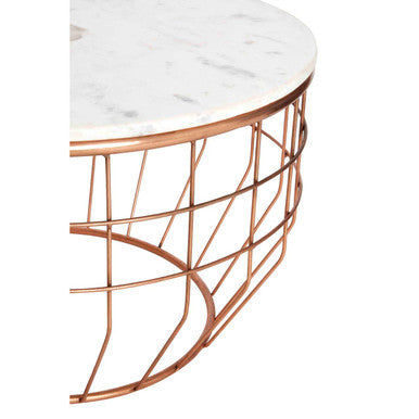 White Marble Top Coffee Table with Agate Inset and Copper Iron Wireframe Base | Vizzini