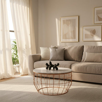 White Marble Top Coffee Table with Agate Inset and Copper Iron Wireframe Base | Vizzini