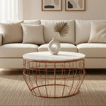 White Marble Top Coffee Table with Agate Inset and Copper Iron Wireframe Base | Vizzini