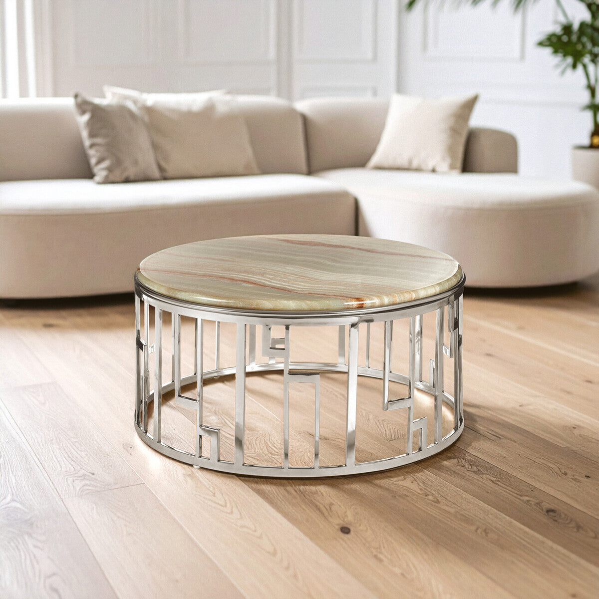 Natural Onyx Stone Top Coffee Table with Silver Stainless Steel Frame | Relic