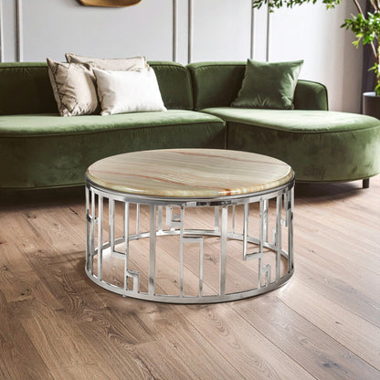 Natural Onyx Stone Top Coffee Table with Silver Stainless Steel Frame | Relic