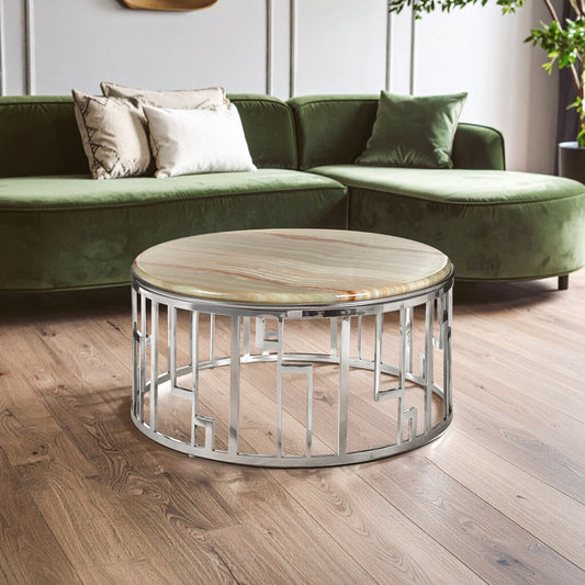 Natural Onyx Stone Top Coffee Table with Silver Stainless Steel Frame | Relic