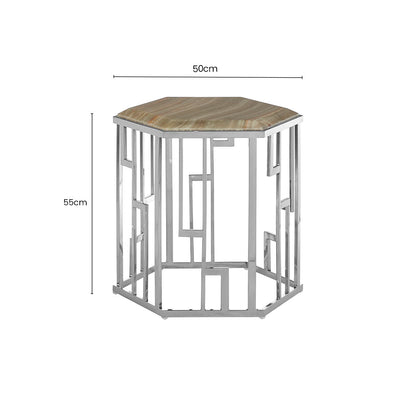 Natural Onyx Stone Top Hexagonal Side Table with Wavy Banding and Silver Stainless Steel Frame | Relic