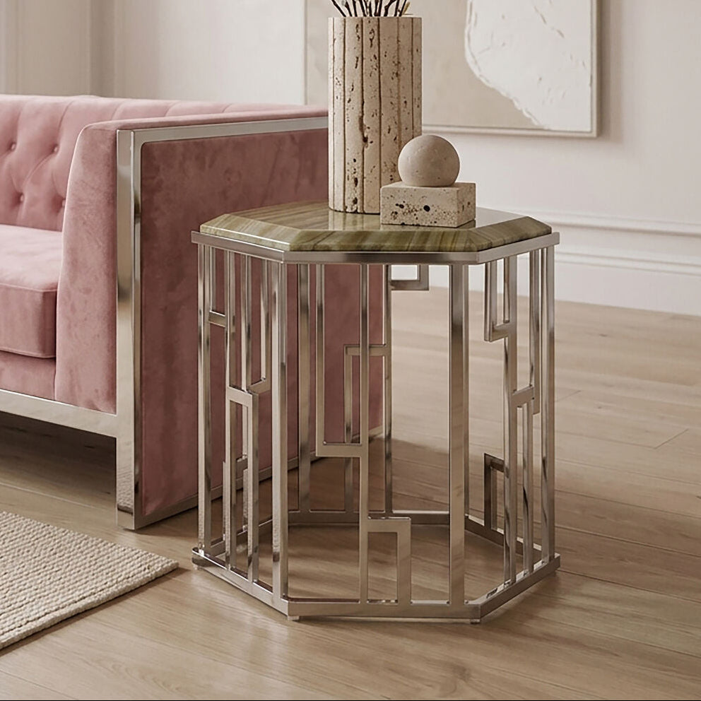 Natural Onyx Stone Top Hexagonal Side Table with Wavy Banding and Silver Stainless Steel Frame | Relic