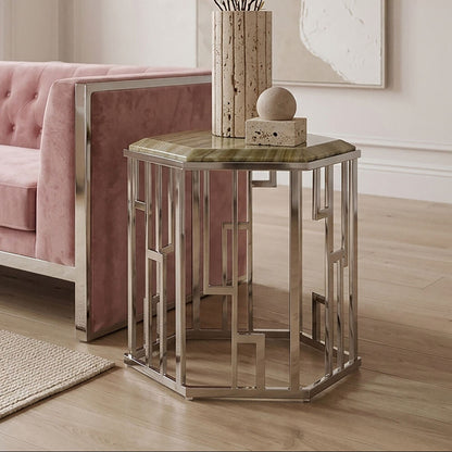 Natural Onyx Stone Top Hexagonal Side Table with Wavy Banding and Silver Stainless Steel Frame | Relic