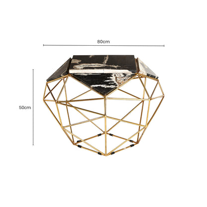 Dark Petrified Wood Top Rectangular Side Table with Gold Brass Tone Iron Base | Relic