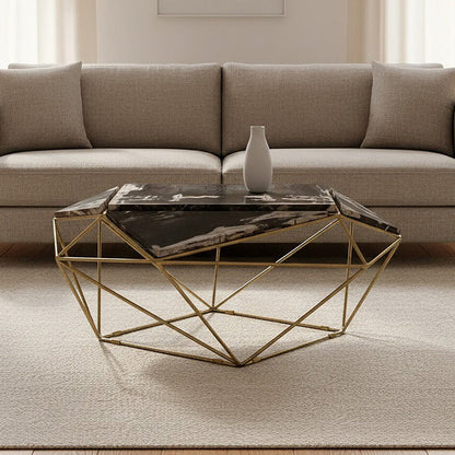 Rustic Dark Petrified Wood Coffee Table with Gold Brass Geometric Frame | Relic