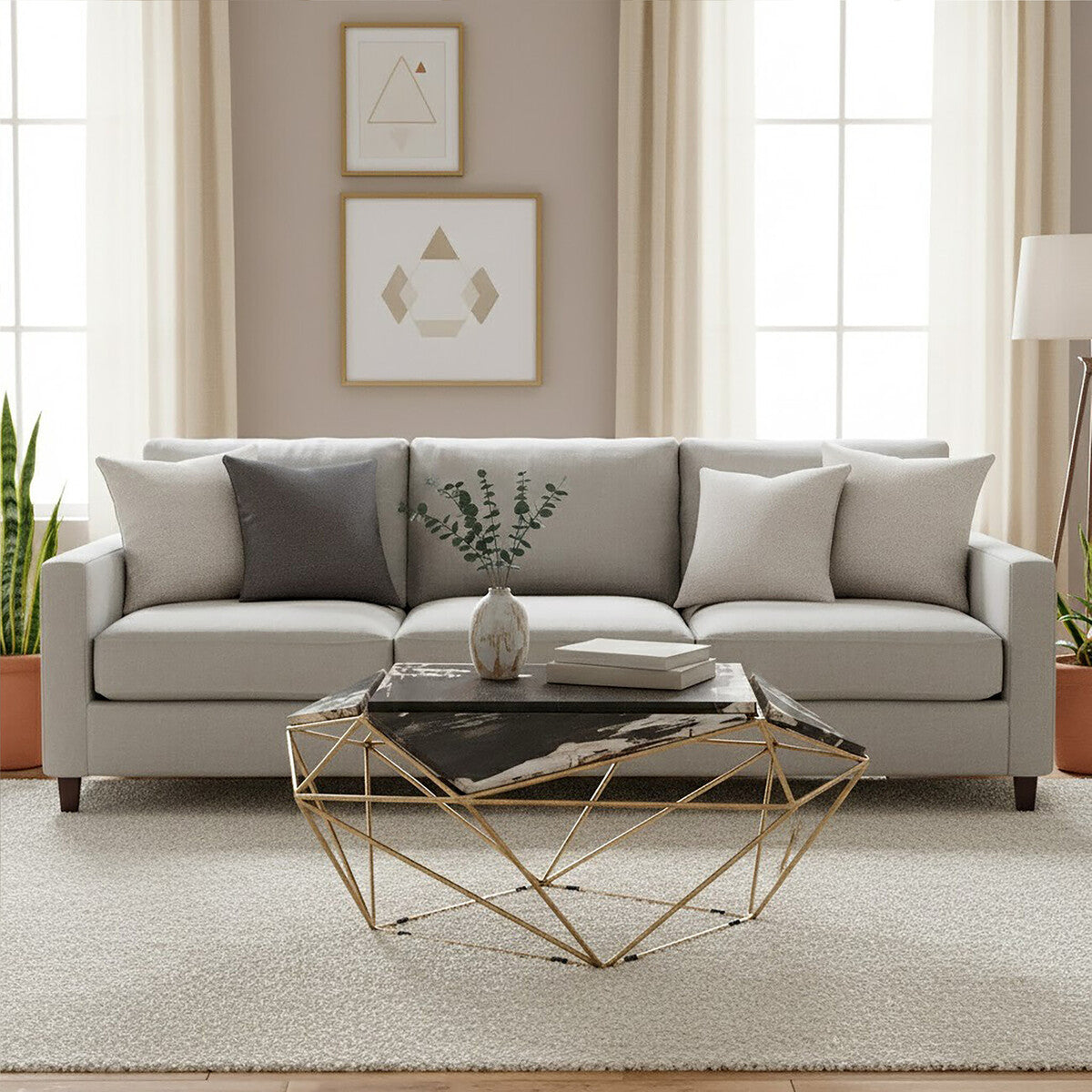 Rustic Dark Petrified Wood Coffee Table with Gold Brass Geometric Frame | Relic