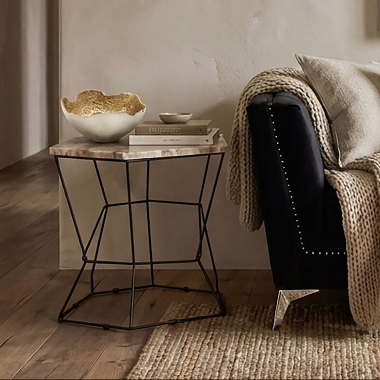 Patterned Natural Onyx Stone Top Side Table with Black Wireframe Base | Relic