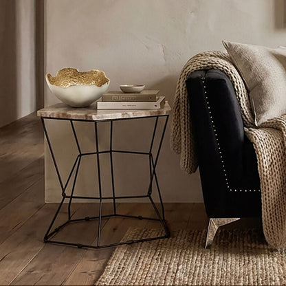 Patterned Natural Onyx Stone Top Side Table with Black Wireframe Base | Relic