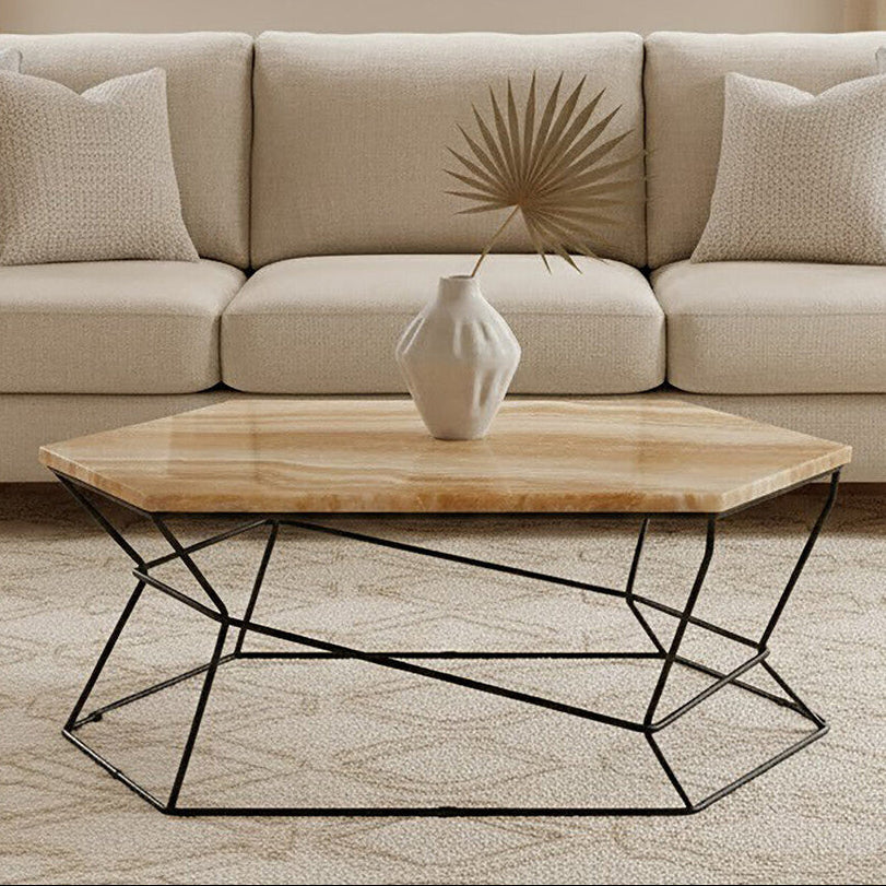 Natural Onyx Stone Top Coffee Table with Black Wireframe Base | Relic