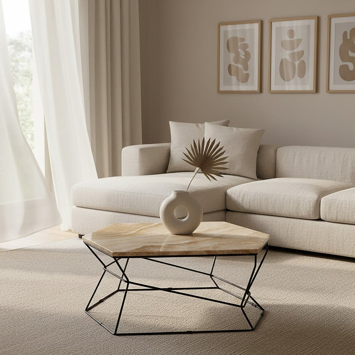 Natural Onyx Stone Top Coffee Table with Black Wireframe Base | Relic