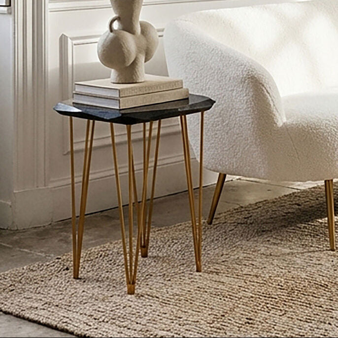 Small Black Marble Top Side Table with Gold Finish Iron Legs | Relic