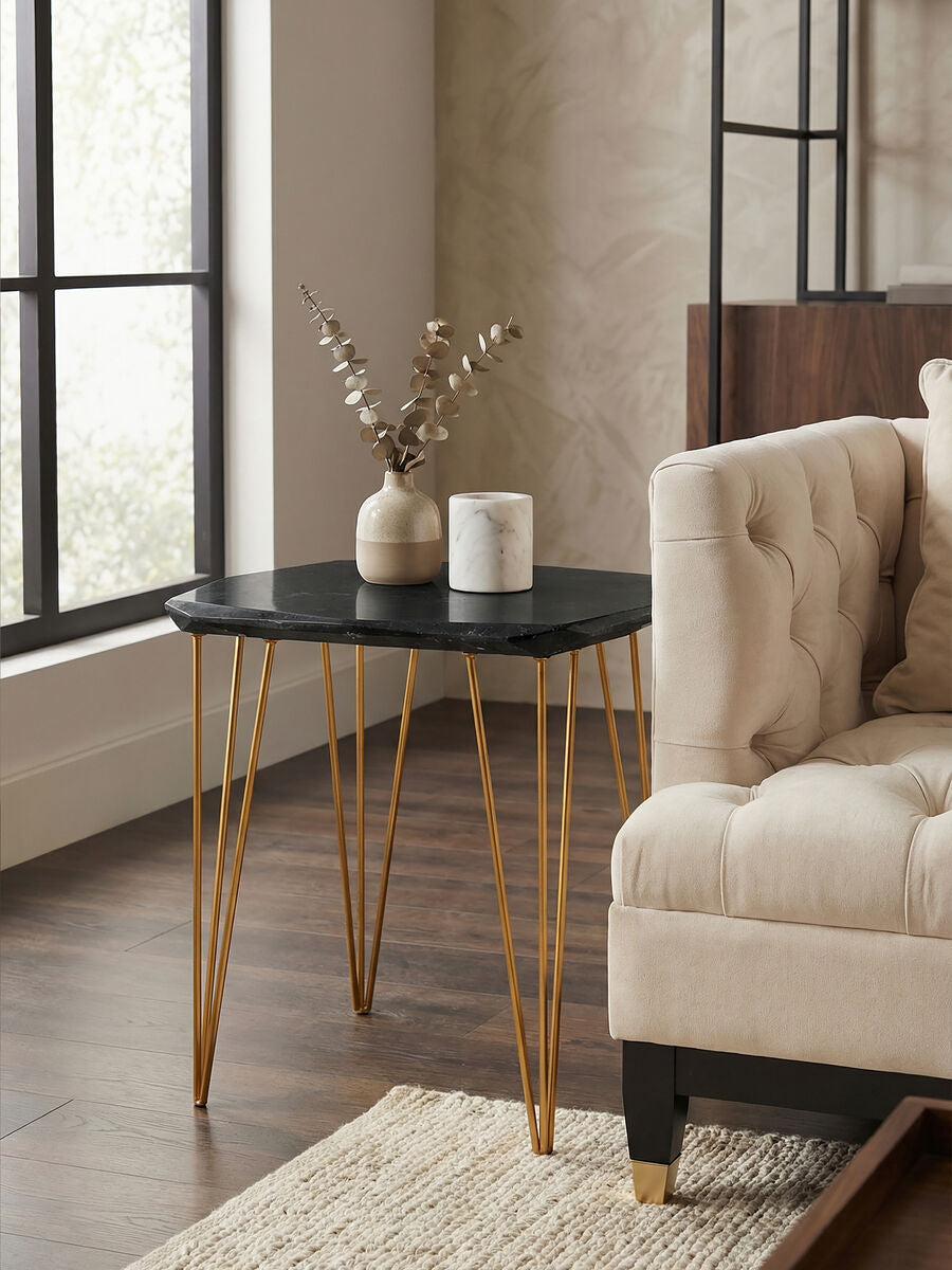 Large Black Marble Top Side Table with Gold Finish Iron Legs | Relic