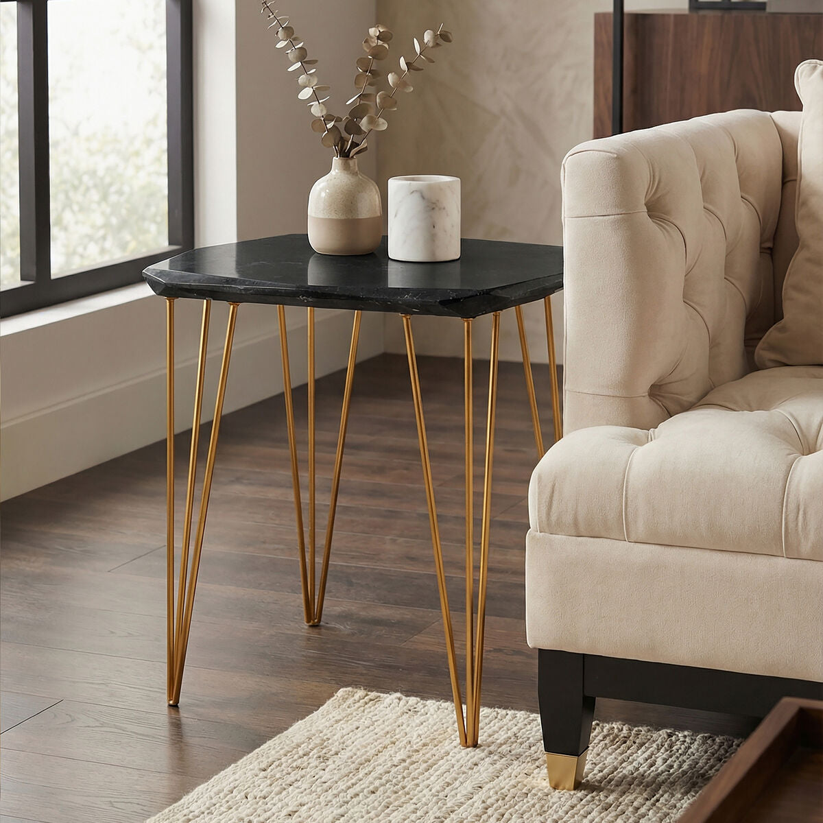Large Black Marble Top Side Table with Gold Finish Iron Legs | Relic