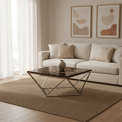 Dark Petrified Wood Top Coffee Table with Prominent Graining and Silver Stainless Steel Frame | Relic