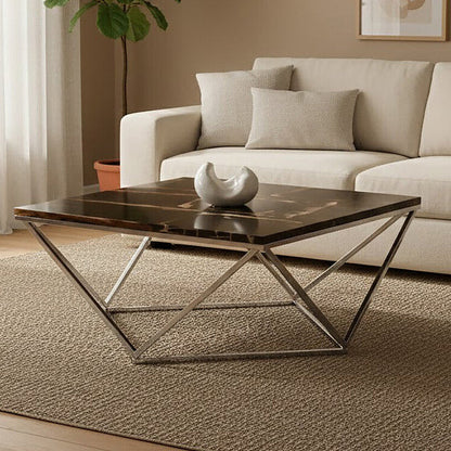 Dark Petrified Wood Top Coffee Table with Prominent Graining and Silver Stainless Steel Frame | Relic
