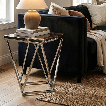 Dark Petrified Wood Side Table with Rustic Grained Top and Silver Stainless Steel Frame | Relic