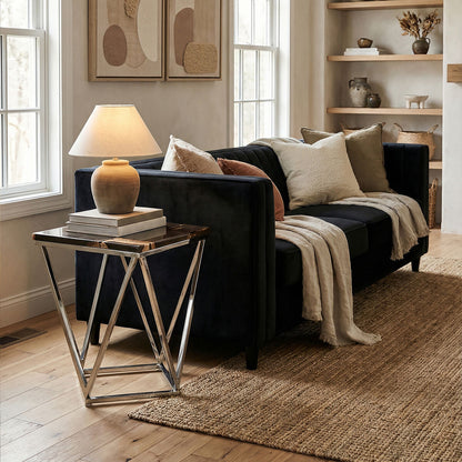 Dark Petrified Wood Side Table with Rustic Grained Top and Silver Stainless Steel Frame | Relic