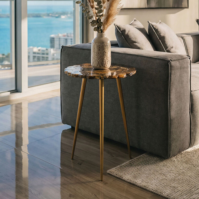 Natural Boho Patterned Agate Top Round Side Table Brass Finish Legs | Relic