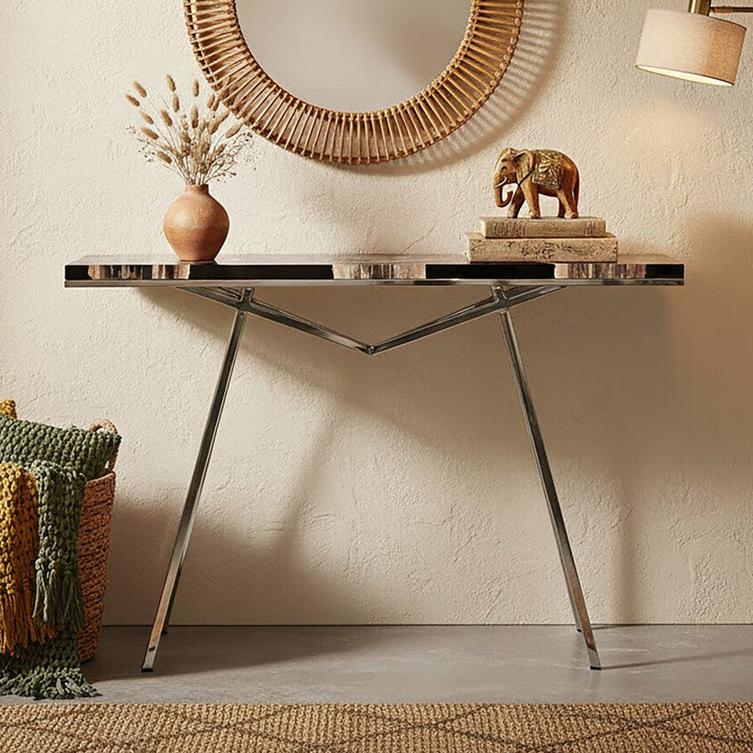 Black Resin and Wooden Console Table with Sleek Stainless Steel Silver Legs | Relic