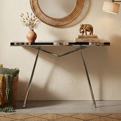 Black Resin and Wooden Console Table with Sleek Stainless Steel Silver Legs | Relic