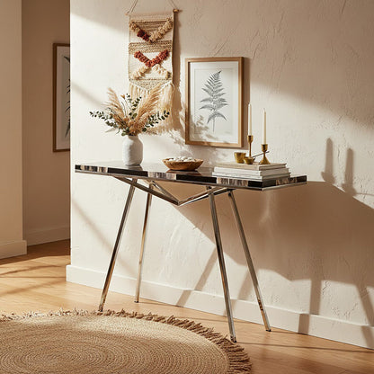 Black Resin and Wooden Console Table with Sleek Stainless Steel Silver Legs | Relic