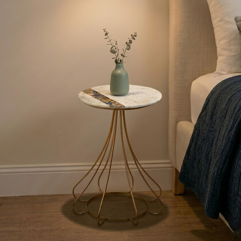 White Marble and Semi-Precious Agate Side Table with Gold Brass Legs | Vizzini