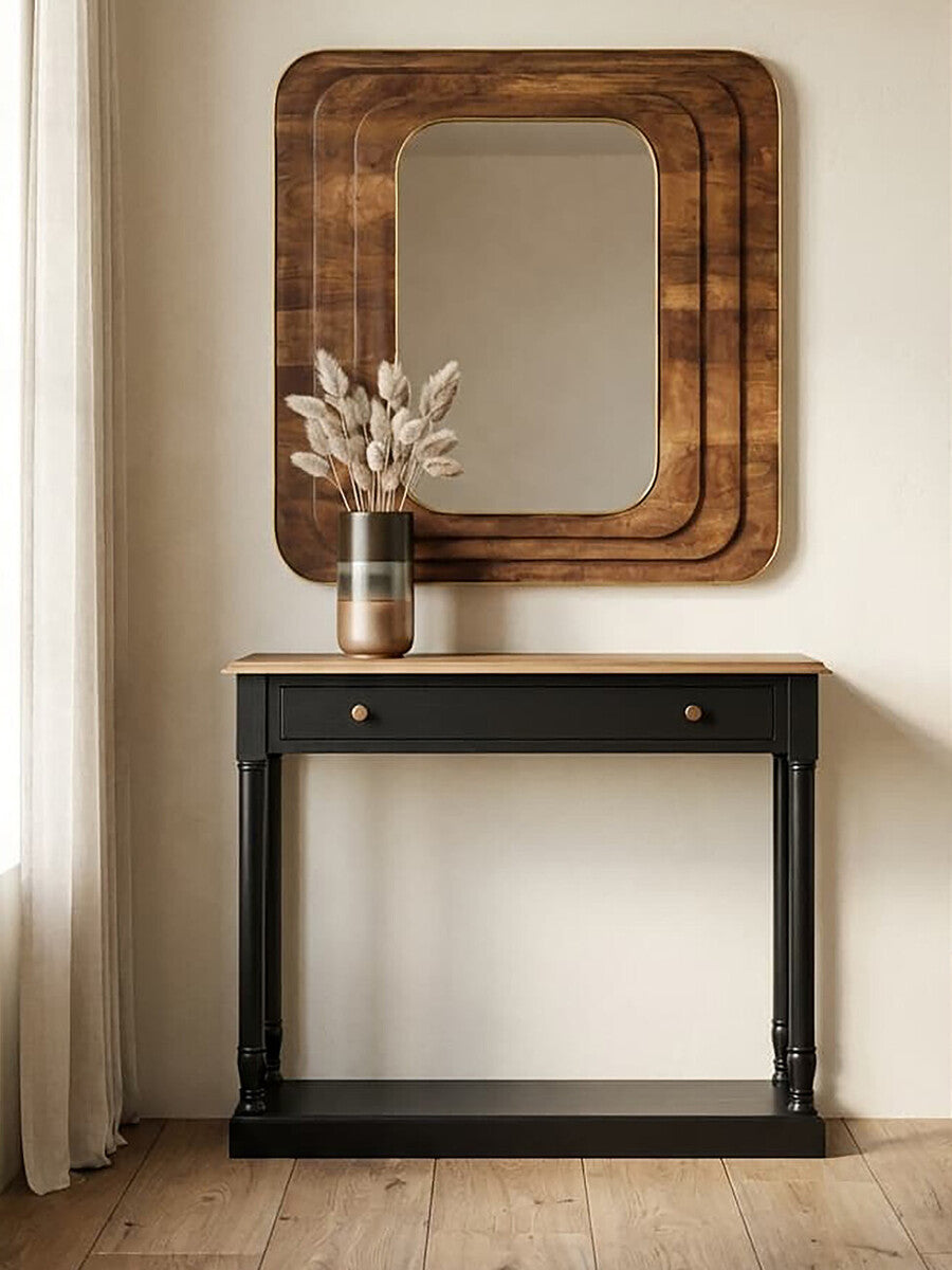 Natural Wooden Top and Black Bayur Wood 1-Drawer Console Table with Brass Handles | Loire