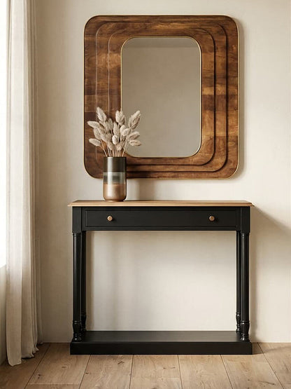 Natural Wooden Top and Black Bayur Wood 1-Drawer Console Table with Brass Handles | Loire