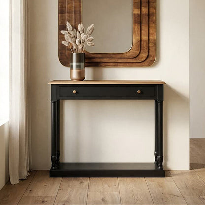 Natural Wooden Top and Black Bayur Wood 1-Drawer Console Table with Brass Handles | Loire