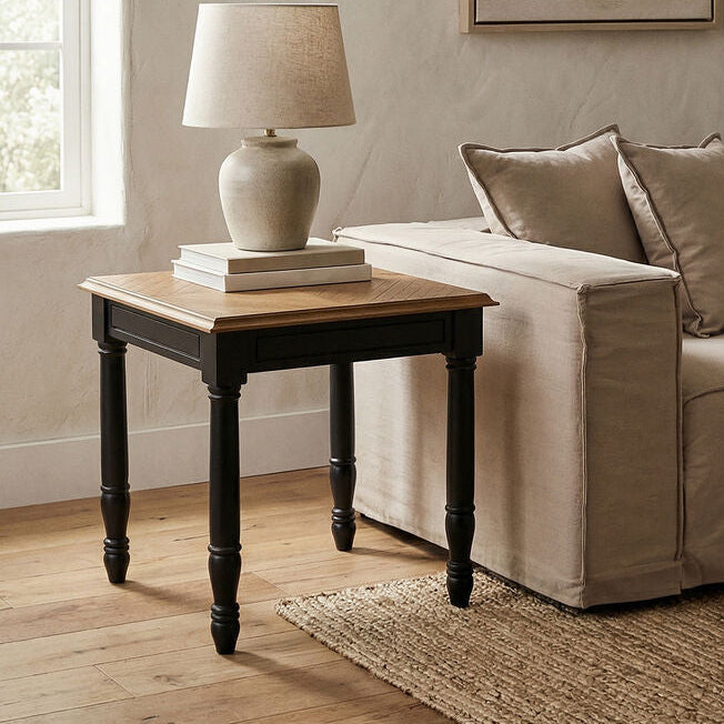 Black Side Table with Textured Bayur Wood and Carved Detail | Loire