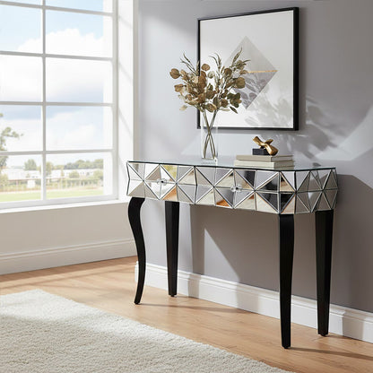 Smoke Mirrored Glass Top Two-Drawer Console Table with 3D Glass Silver Detail and Black Wood Legs | Soho