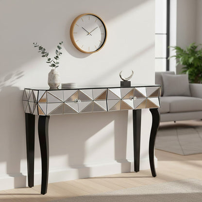 Smoke Mirrored Glass Top Two-Drawer Console Table with 3D Glass Silver Detail and Black Wood Legs | Soho
