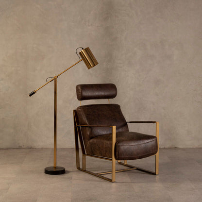 Hoxton Brown Leather Lounge Chair with Rose Gold Iron Frame