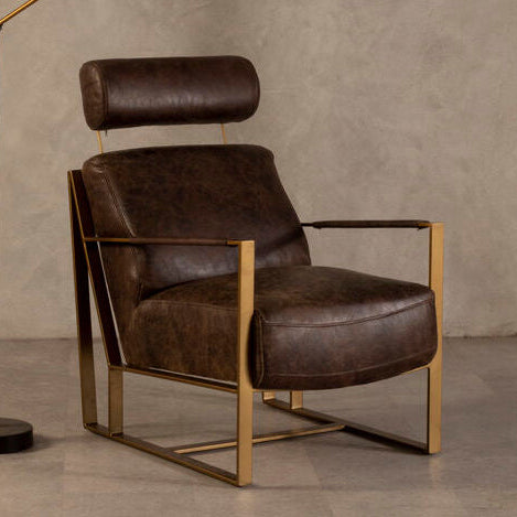 Hoxton Brown Leather Lounge Chair with Rose Gold Iron Frame