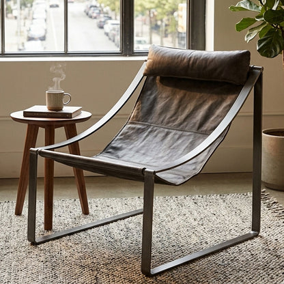 Hoxton Antique Black Leather Sling Chair with Iron Sledge Base