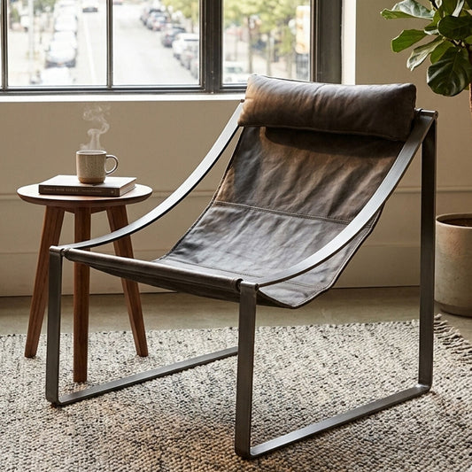 Hoxton Antique Black Leather Sling Chair with Iron Sledge Base