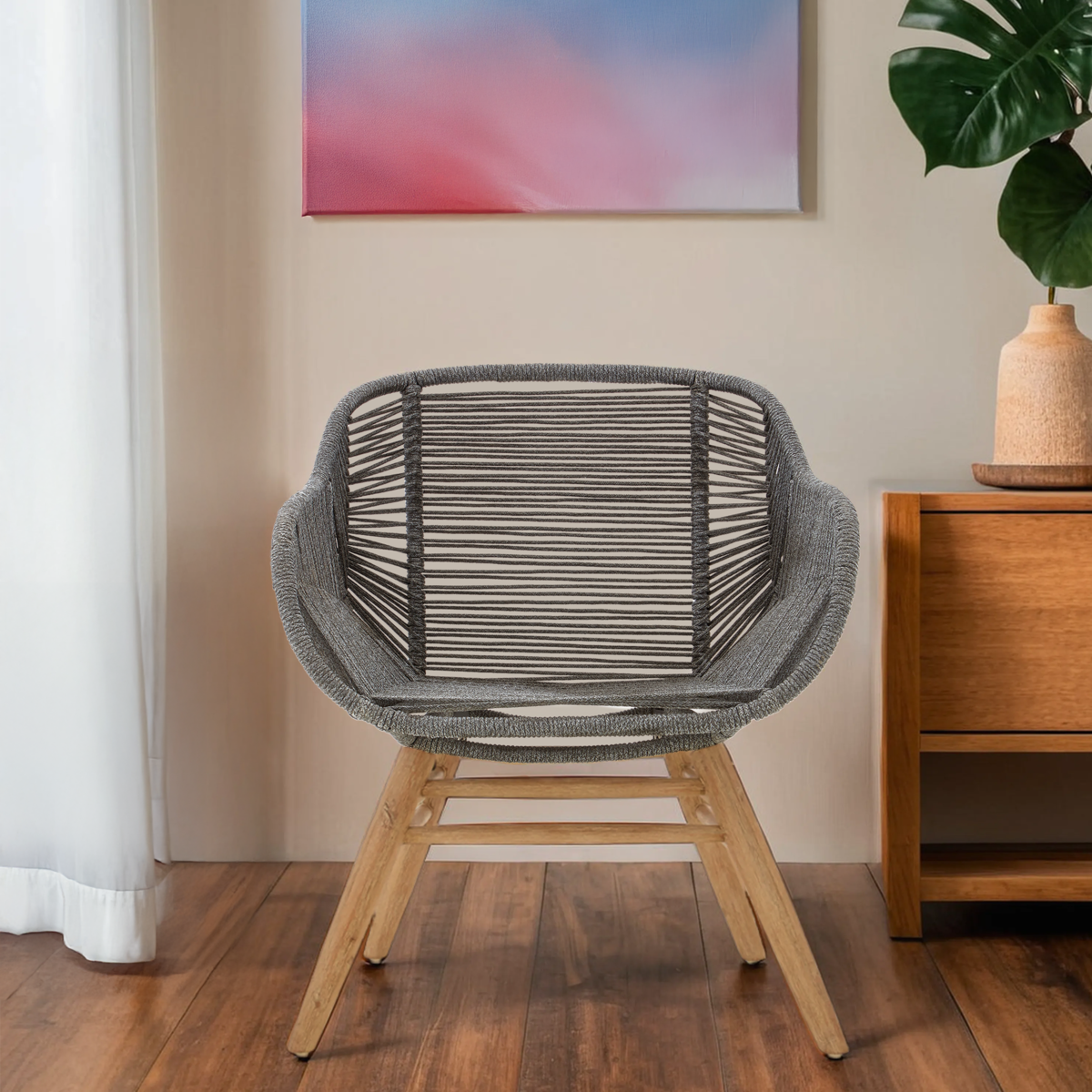 Sisal Grey Rope Armchair with Natural Wood Legs