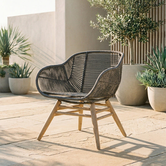 Sisal Grey Rope Armchair with Natural Wood Legs