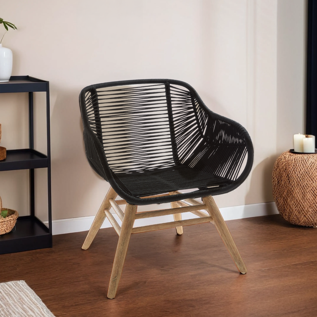 Sisal Black Rope Armchair with Natural Wood Legs