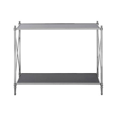 Black Mirrored Glass Two-Tier Console Table with Silver Nickel Finish Frame | Hoffmann