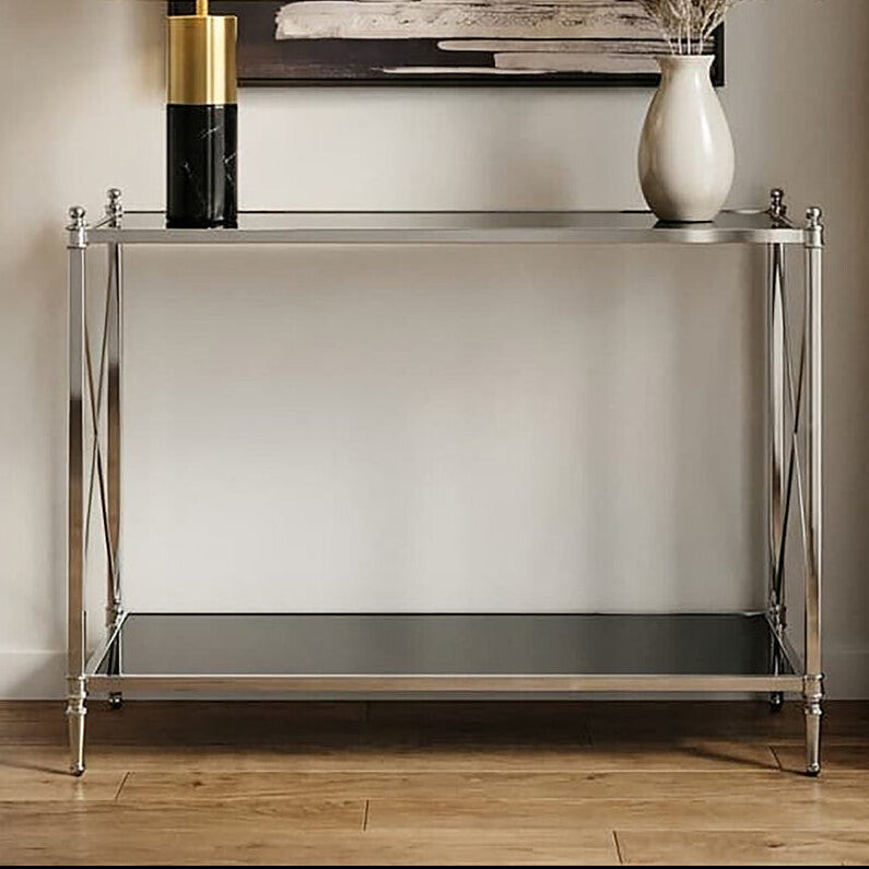 Black Mirrored Glass Two-Tier Console Table with Silver Nickel Finish Frame | Hoffmann