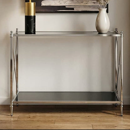 Black Mirrored Glass Two-Tier Console Table with Silver Nickel Finish Frame | Hoffmann